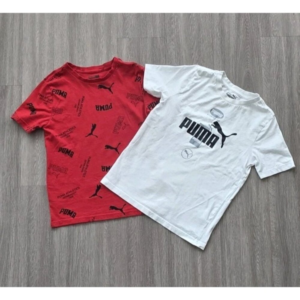 Puma Boys Size 8 Shirt Lot 2 Cotton‎ Red Logo Tee White Athletic Top